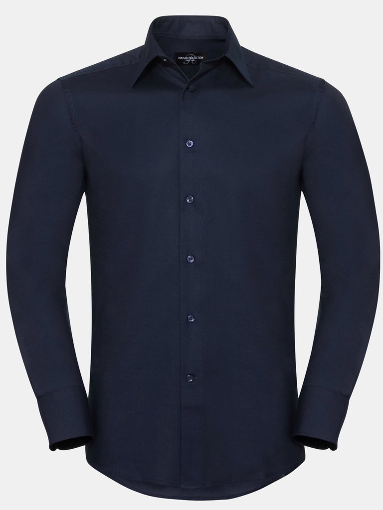 Mens Oxford Easy-Care Tailored Long-Sleeved Shirt - Bright Navy - Bright Navy