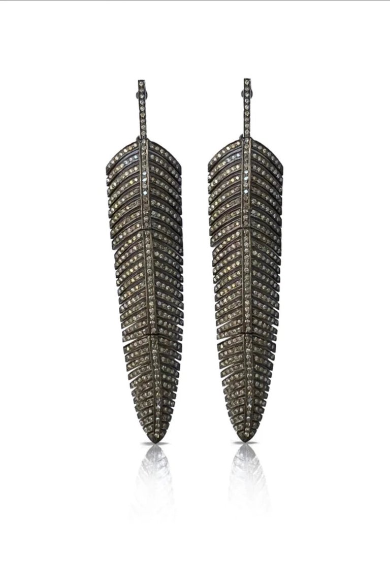 Full Pave Feather Earrings - Oxidized Silver