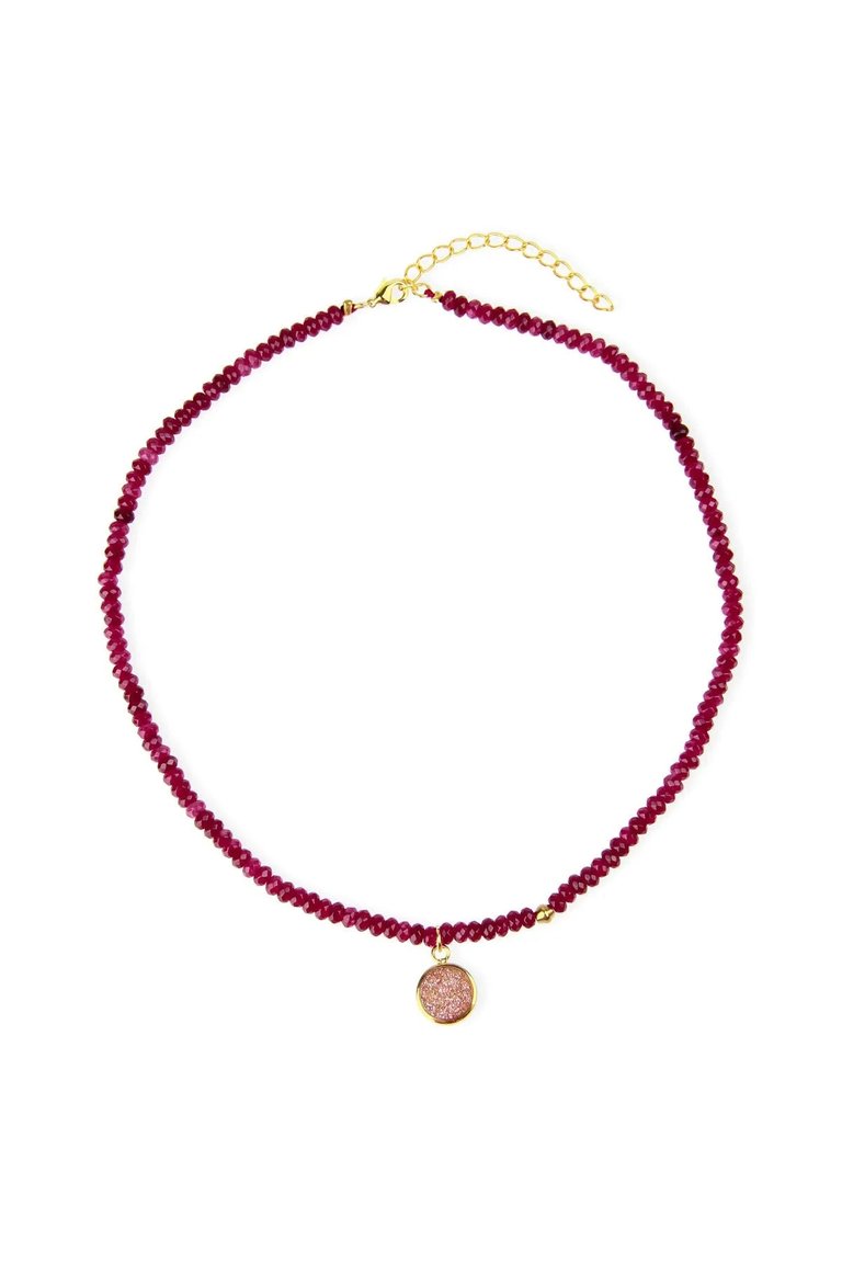 Agate Gemstone Beads Choker With Druzy Pendant - Pink/Red/Gold