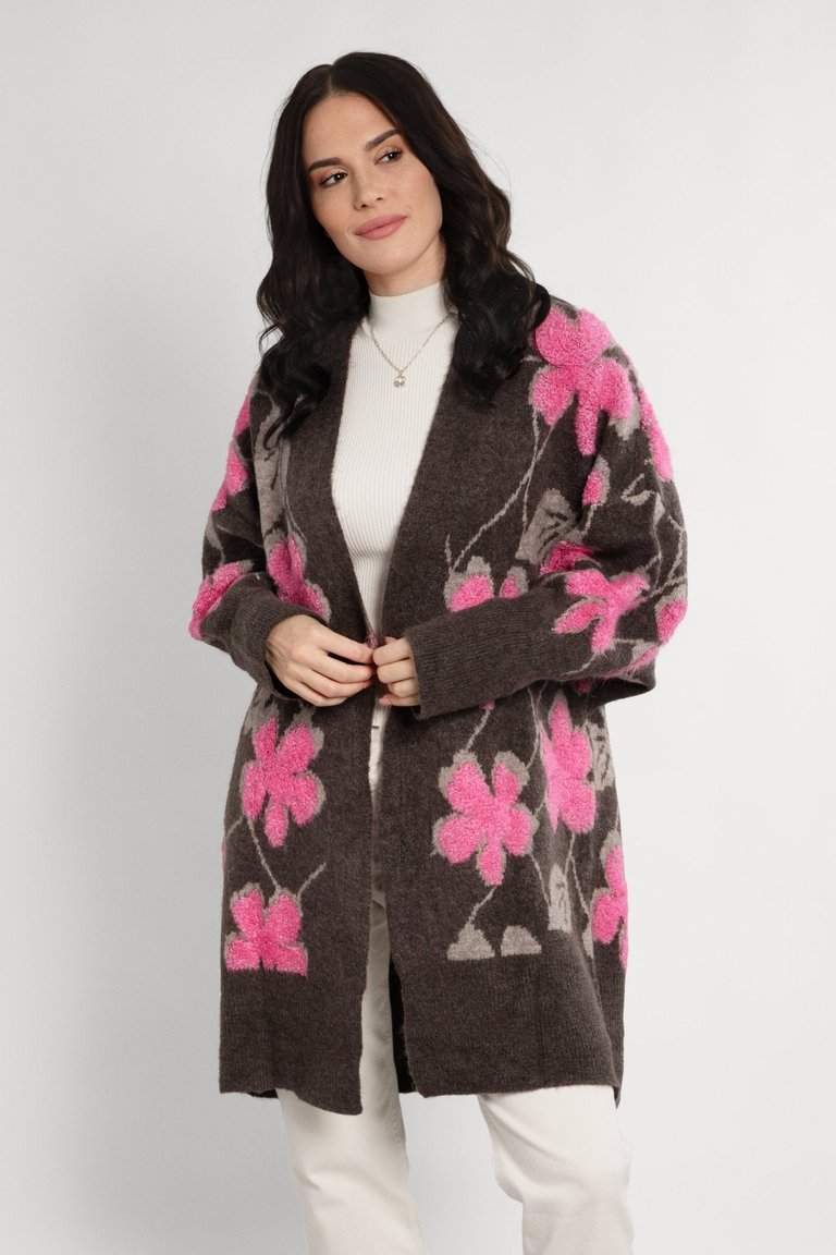 Floral Knitted Cardigan - Brown/Pink