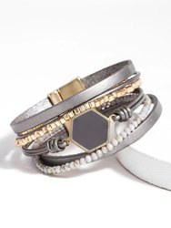 Hexa Leather Bracelet - Grey / Gold