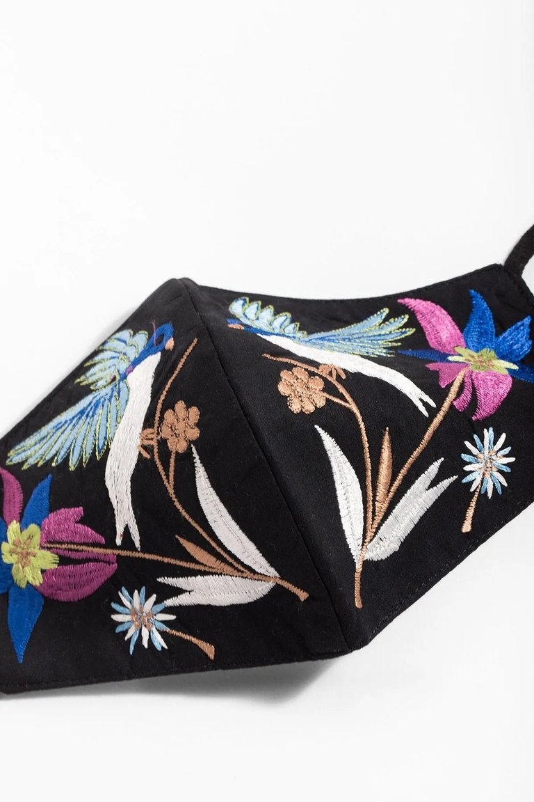Hummingbird Embroidered Face Mask - Black