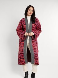 Knitted Square Patch Kimono - Red