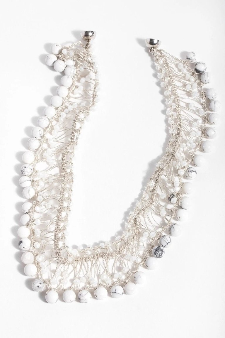Madame Glass Beaded Collar Chain Necklace With Natural Stone - White