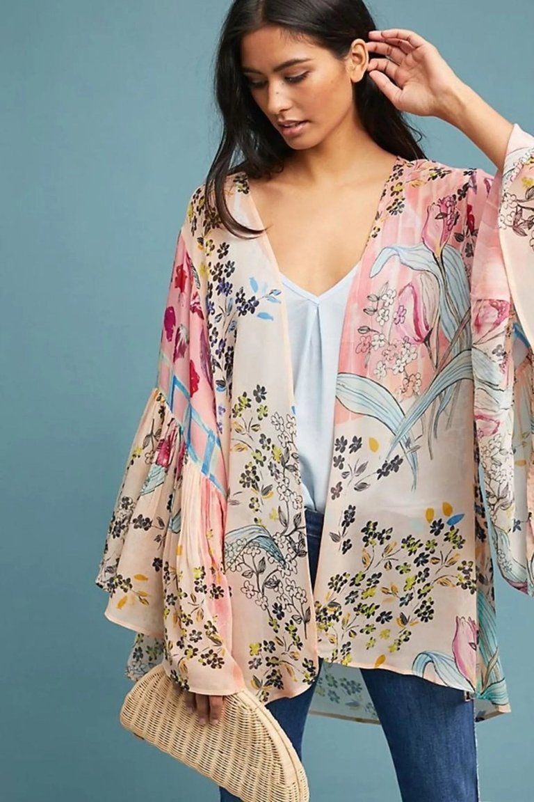 Mystical Garden Ruffle Sleeve Kimono - Pink