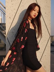 Night Rose Velvet Kimono - Black
