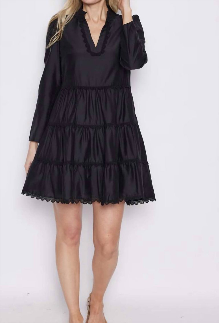 Black Lace Trim Long Sleeve Tunic Flare Dress - Black