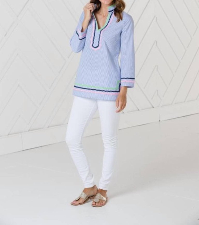 Long Sleeve Tunic Top In Blue/white - Blue/white