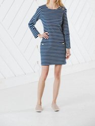 Stripe Long Sleeve Button Neck Dress - Navy/Ivory