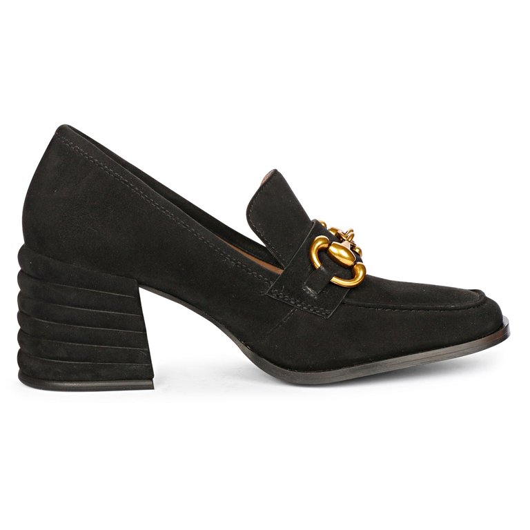 Vera Suede Heeled Loafers - Black