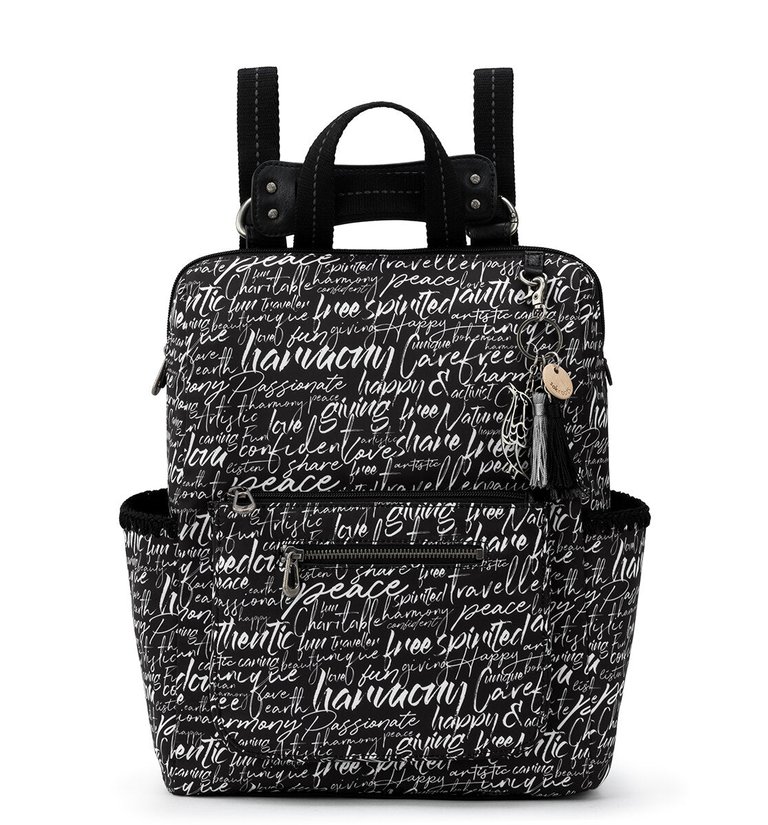 Loyola Backpack Shoulder Bag - Eco Twill - Black and White Peace Script