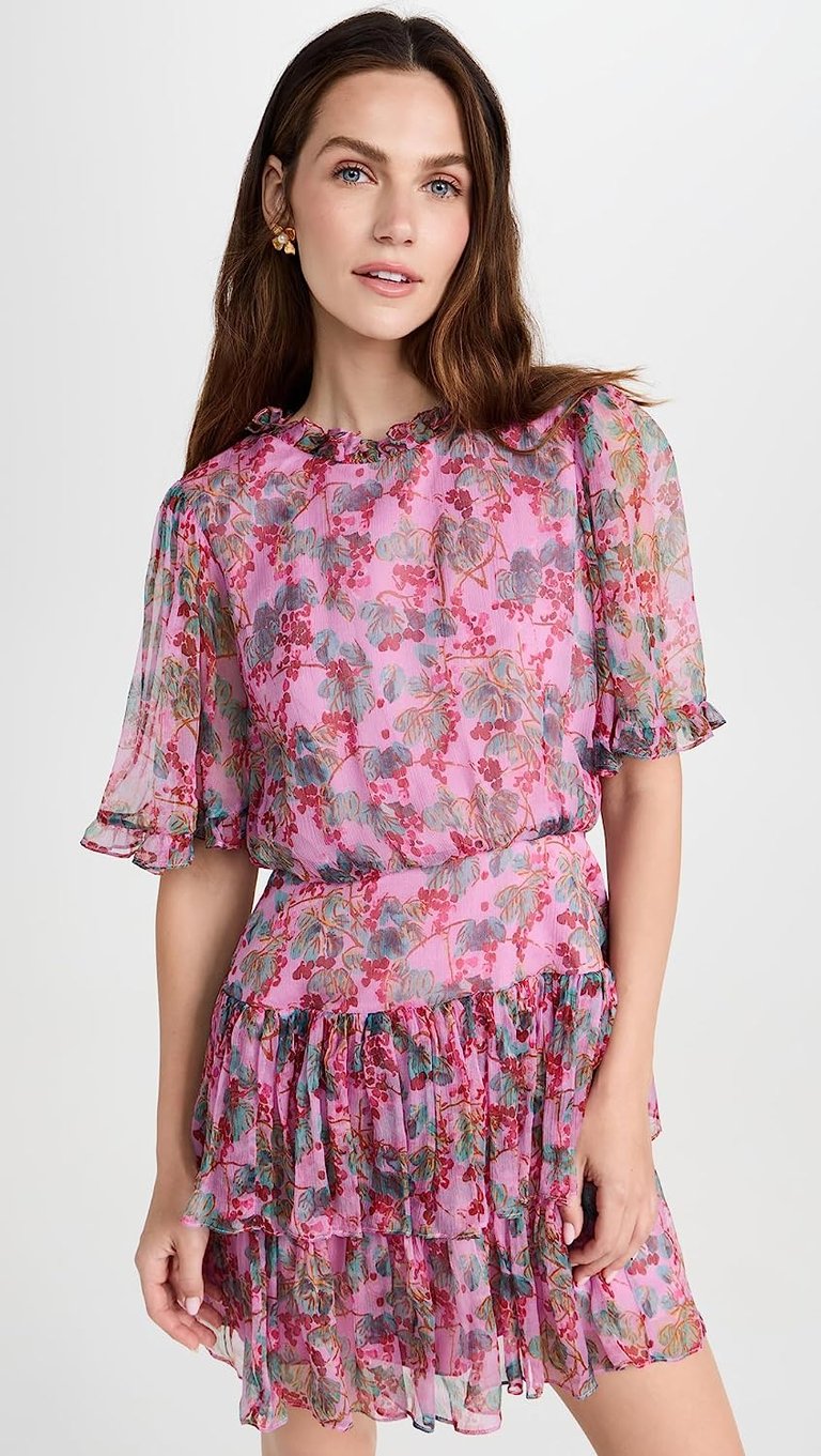 Women Ava D Floral Ruffled Layered Silk Mini Dress Mulberry Blush - Pink - Pink