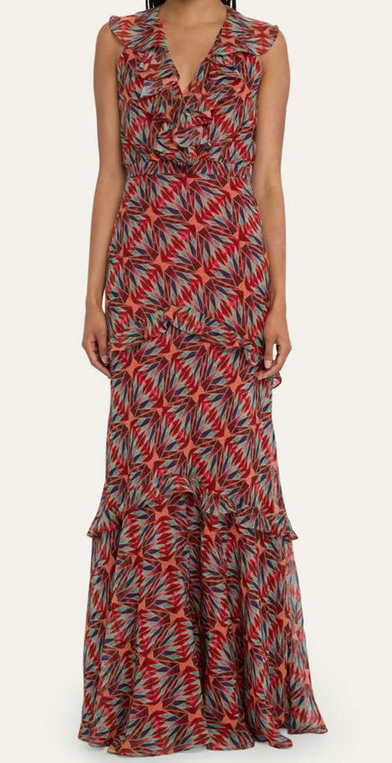 Women Silk Gerorgette Tiered Ruffled Maxi Dress 2020-Topaz - Multicolor