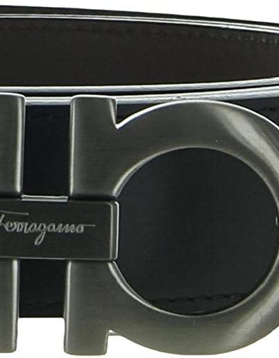 Salvatore Ferragamo Men's Black Brown Leather Reversible Silver Buckle Belt With Sheen product