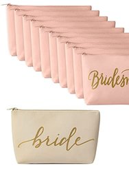 11 Piece Set of Blush Pink Faux Leather Bride And Bridal Party Leather Makeup Bags - Bridesmaid