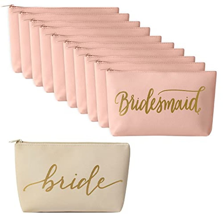 11 Piece Set of Blush Pink Faux Leather Bride And Bridal Party Leather Makeup Bags - Bridesmaid