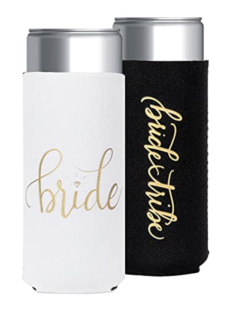 11 Piece Set Of Bride And Bride Tribe Skinny Can Sleeves/Drink Holders - Black/White