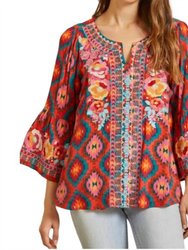 Aztec Print Embroidered Top In Red - Red