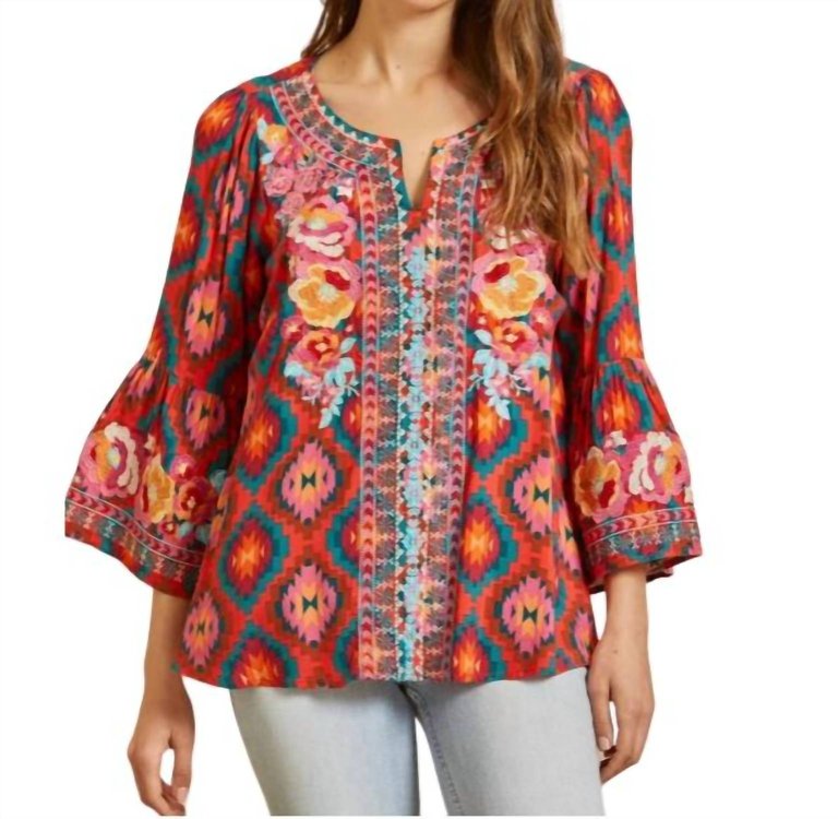 Aztec Print Embroidered Top In Red - Red