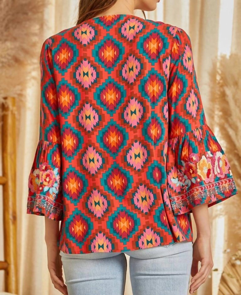 Aztec Print Embroidered Top In Red