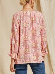 Aztec Three Quarter Sleeve Embroidered Blouse