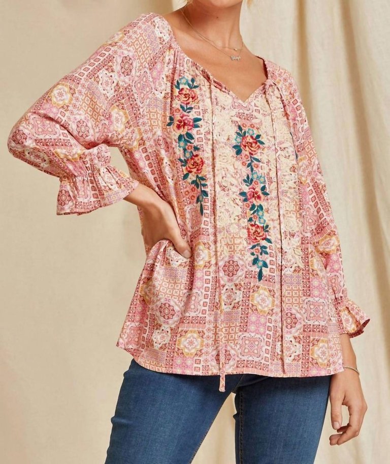 Aztec Three Quarter Sleeve Embroidered Blouse