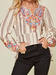 Classic Embroidered Baby Doll Blouse - Beige/Mocha