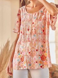 Floral Embroidered Short Sleeve Blouse - Blush