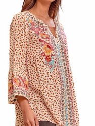 Leopard Print Bell Sleeve Embroidered Top In Cream