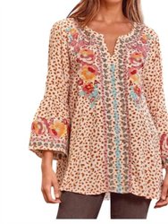 Leopard Print Bell Sleeve Embroidered Top In Cream - Cream