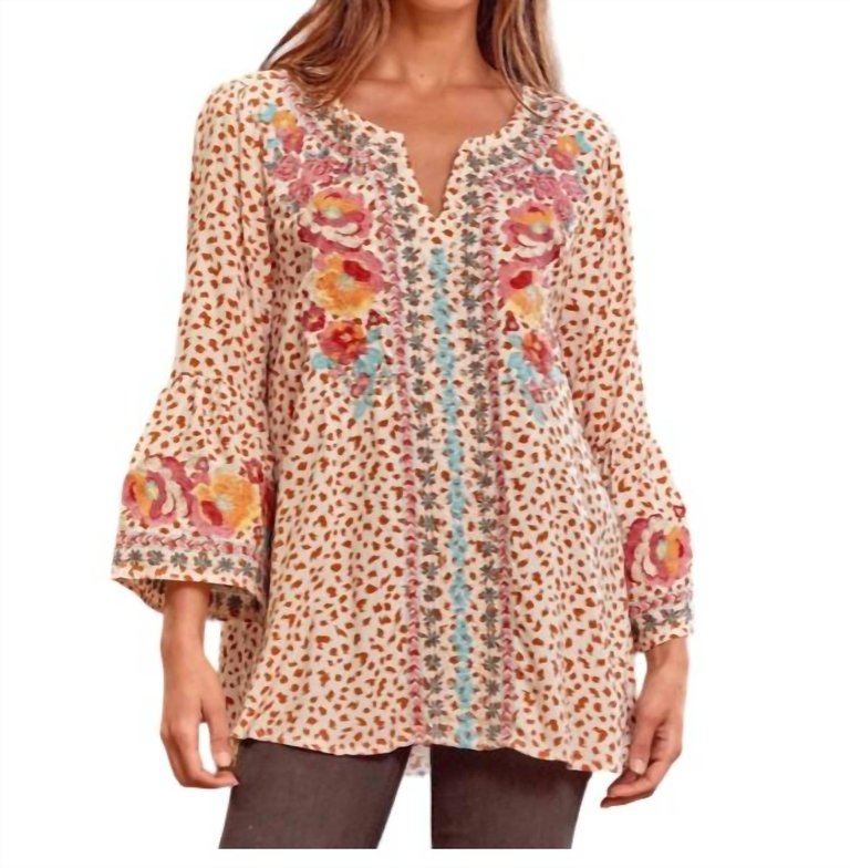 Leopard Print Bell Sleeve Embroidered Top In Cream - Cream