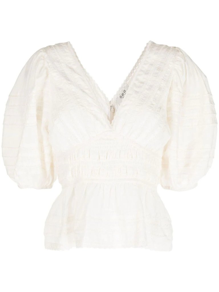 Mable Cambric Puff-Sleeve Pleated Top - Cream
