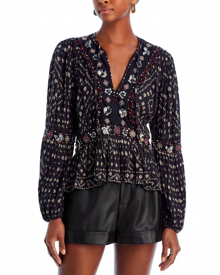 Maja Embroidery Long Sleeve Top In Black