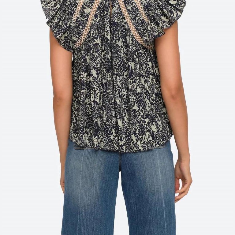 Priya Print Flutter Sleeve Top In Navy