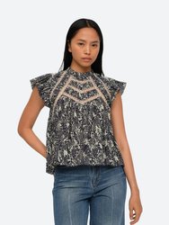 Priya Print Flutter Sleeve Top - Navy