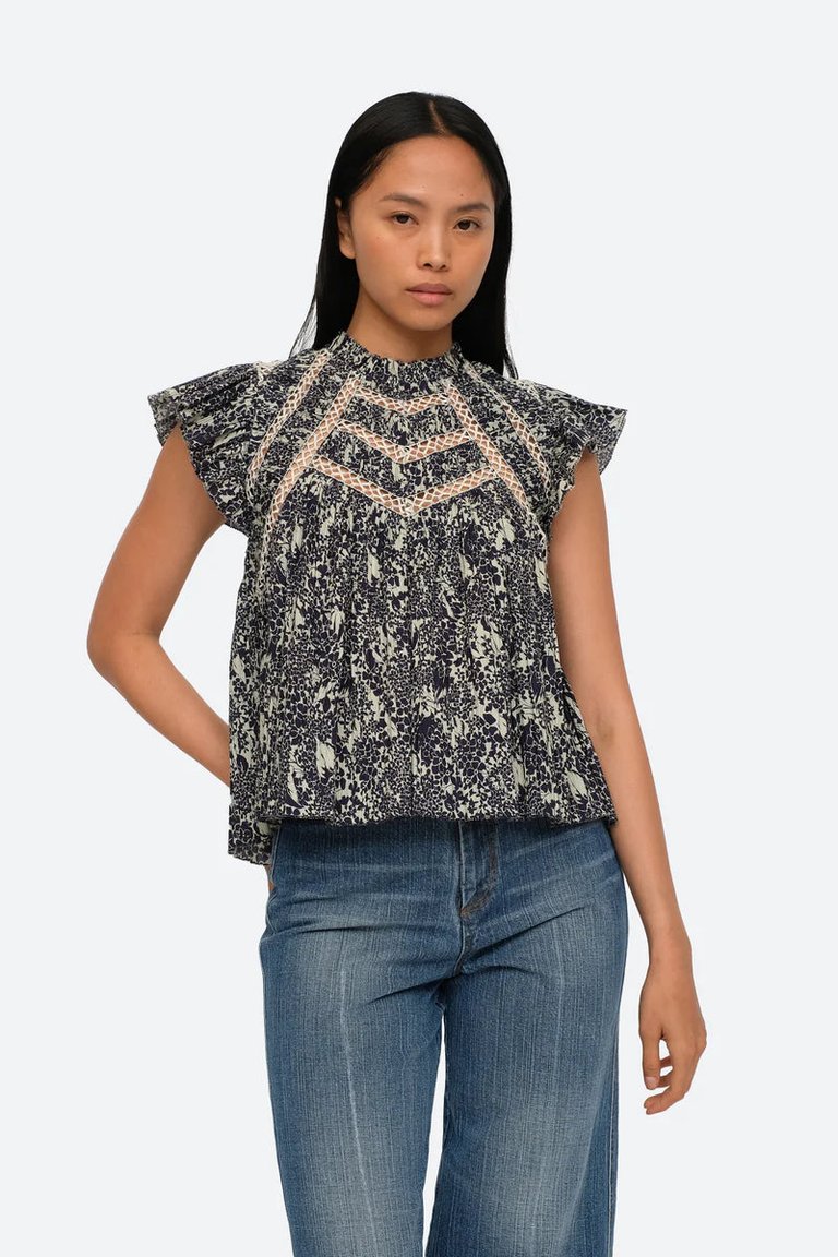 Priya Print Flutter Sleeve Top - Navy