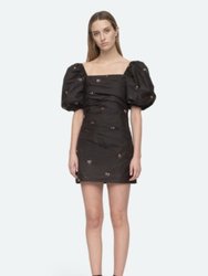 Rubina Embroidery Short Sleeves Polyester Puff Sleeves Draped Dress - Black