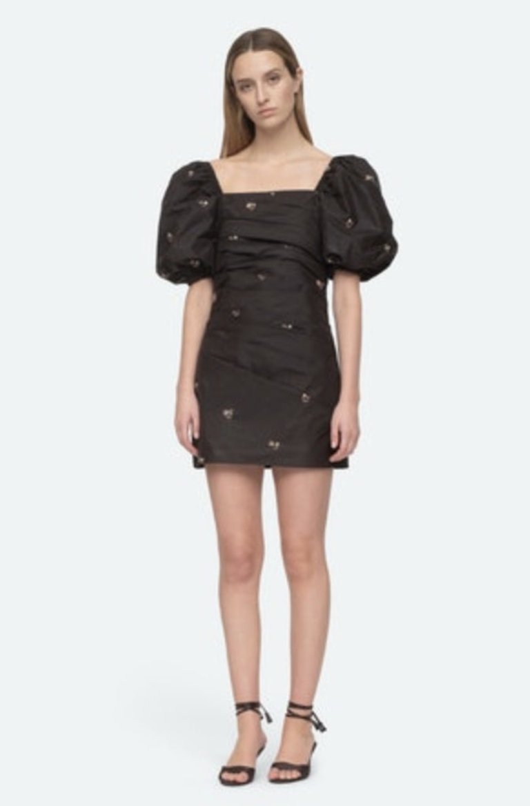 Rubina Embroidery Short Sleeves Polyester Puff Sleeves Draped Dress - Black