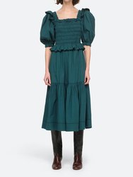 Sibylle Puff Sleeve Smocked Dress - Forest