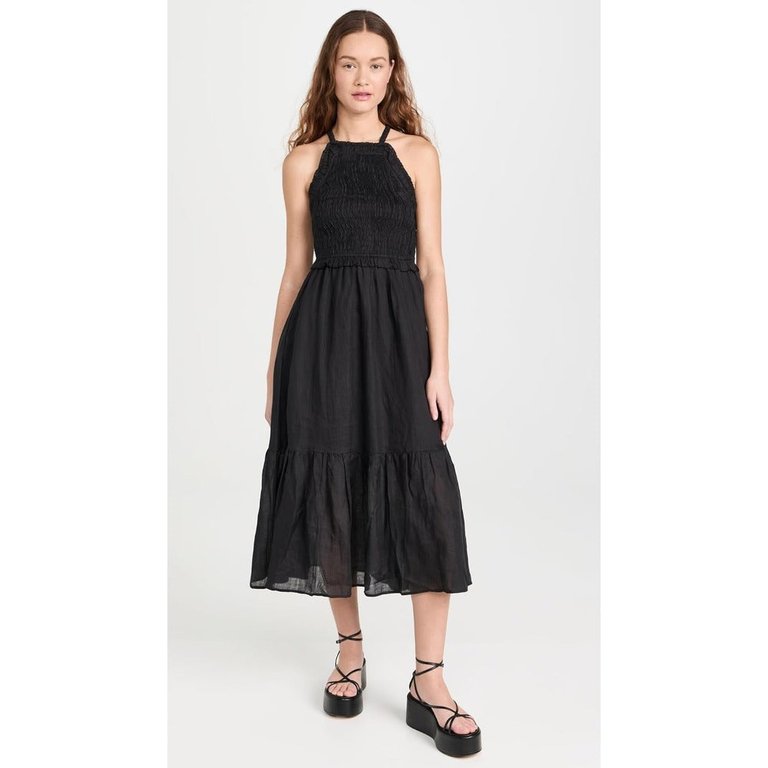 Women's Cole Smocked Ramie Midi Dress - Black