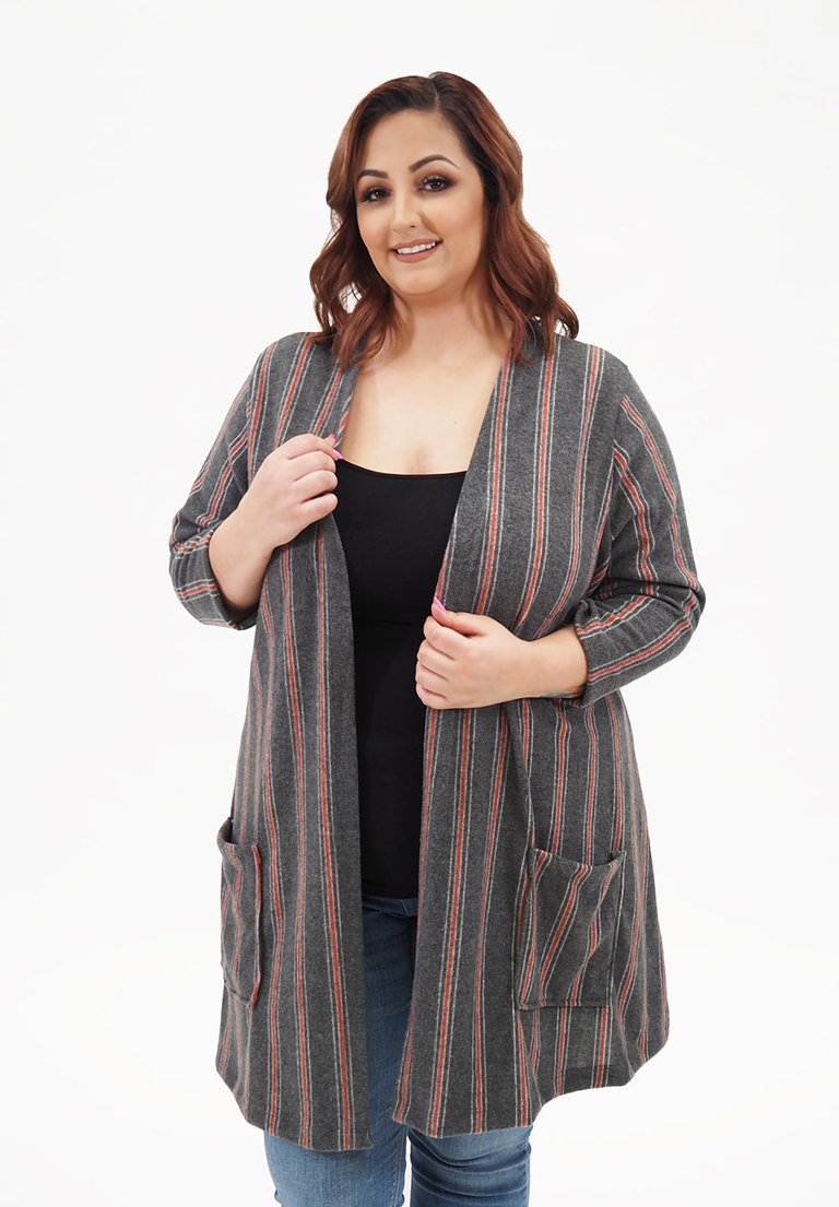 Ruby Cardigan - Grey Red Stripe