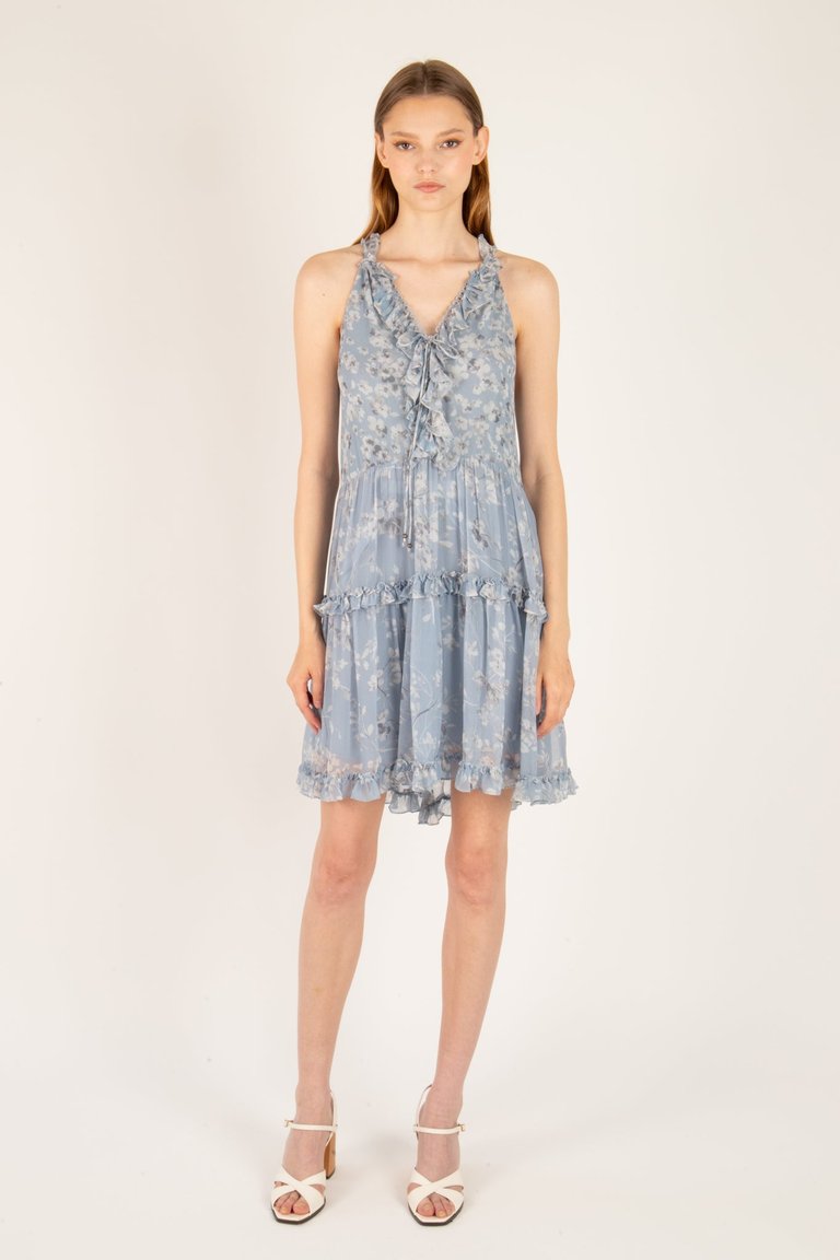 Isabel Dress - Viscose Chiffon - Denim Watercolor Floral