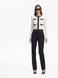 Women Textured Knit Black Trim 4 Pockets Cardigan Sweater - White