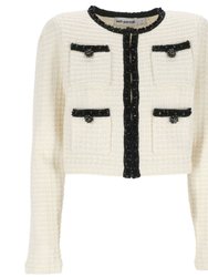 Women Textured Knit Black Trim 4 Pockets Cardigan Sweater