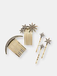 Set of 5 Celestial Hair Pins and Hair Comb - Antique Gold