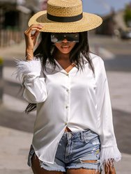 Faux Feather Trim Blouse - White