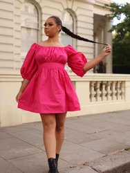 Poplin Dress Puff-sleeved - Pink