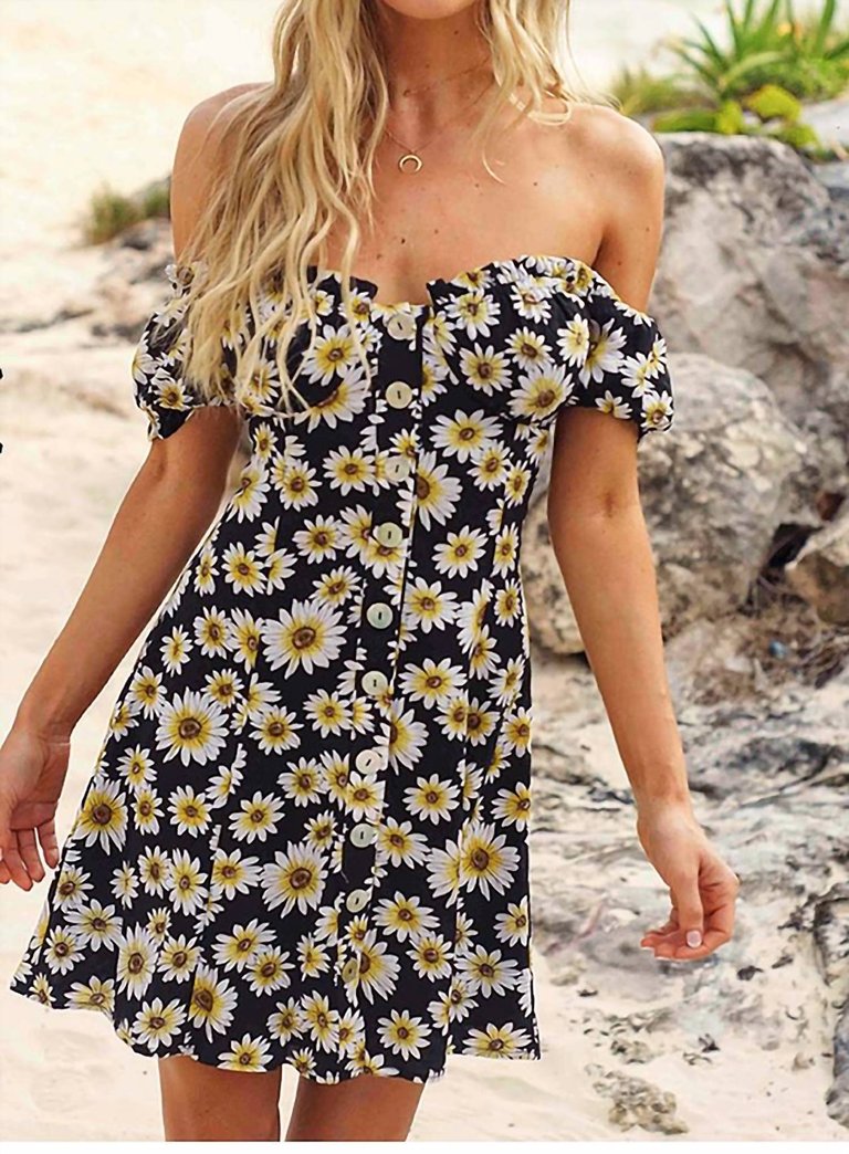 The Connie Dress In Black, Yellow, White Daisy Floral - Black, Yellow, White Daisy Floral