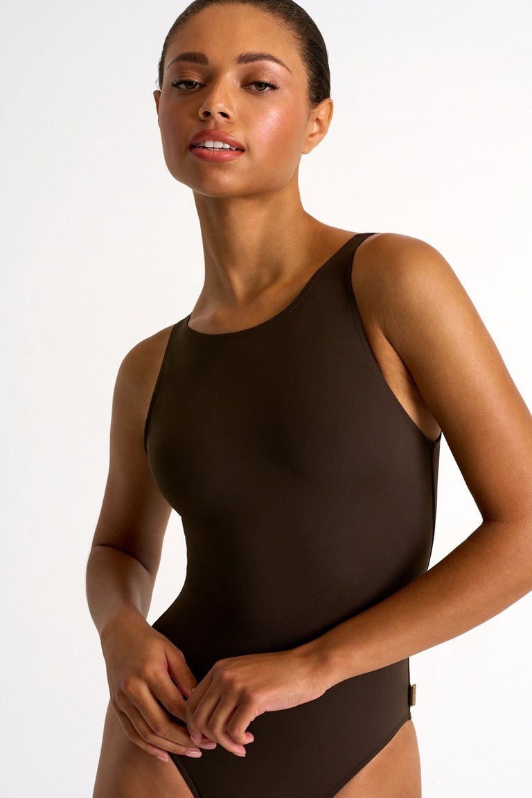 High-Neck One-Piece With Open Back - Chocolate