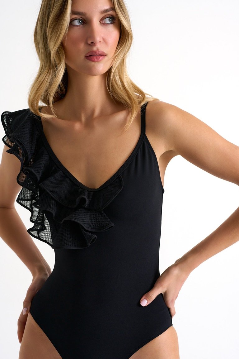 Ruffle Sleeve One-Piece - Caviar